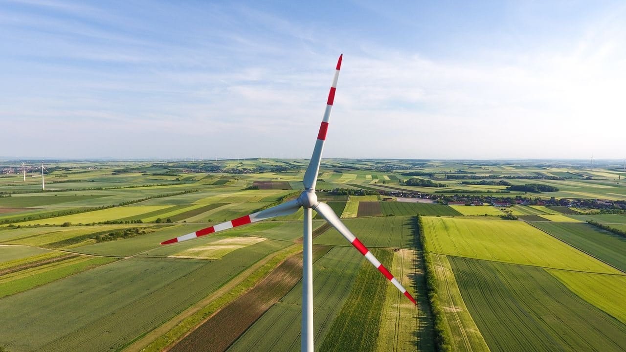 Wind turbine above farmland